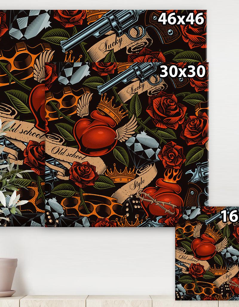 DesignQ Old School Tattoo Pattern - Floral Gallery-wrapped Canvas