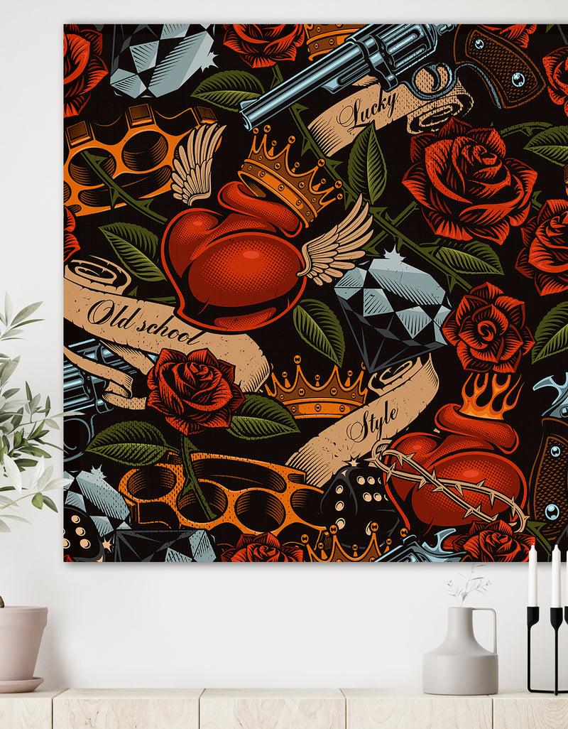 DesignQ Old school tattoo pattern - Floral Gallery-wrapped Canvas