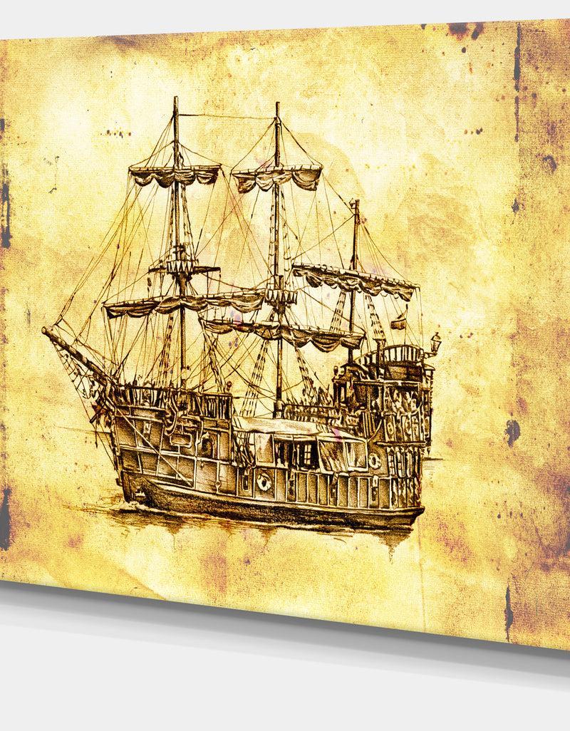 DesignQ Old Travelling Boat Drawing - Seashore Wall Art On Canvas