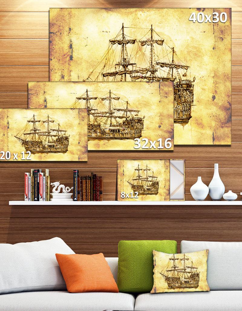 DesignQ Old Travelling Boat Drawing - Seashore Wall Art On Canvas