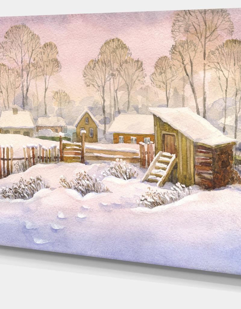 DesignQ Old Winter Village - Landscape Watercolor Canvas Art Print