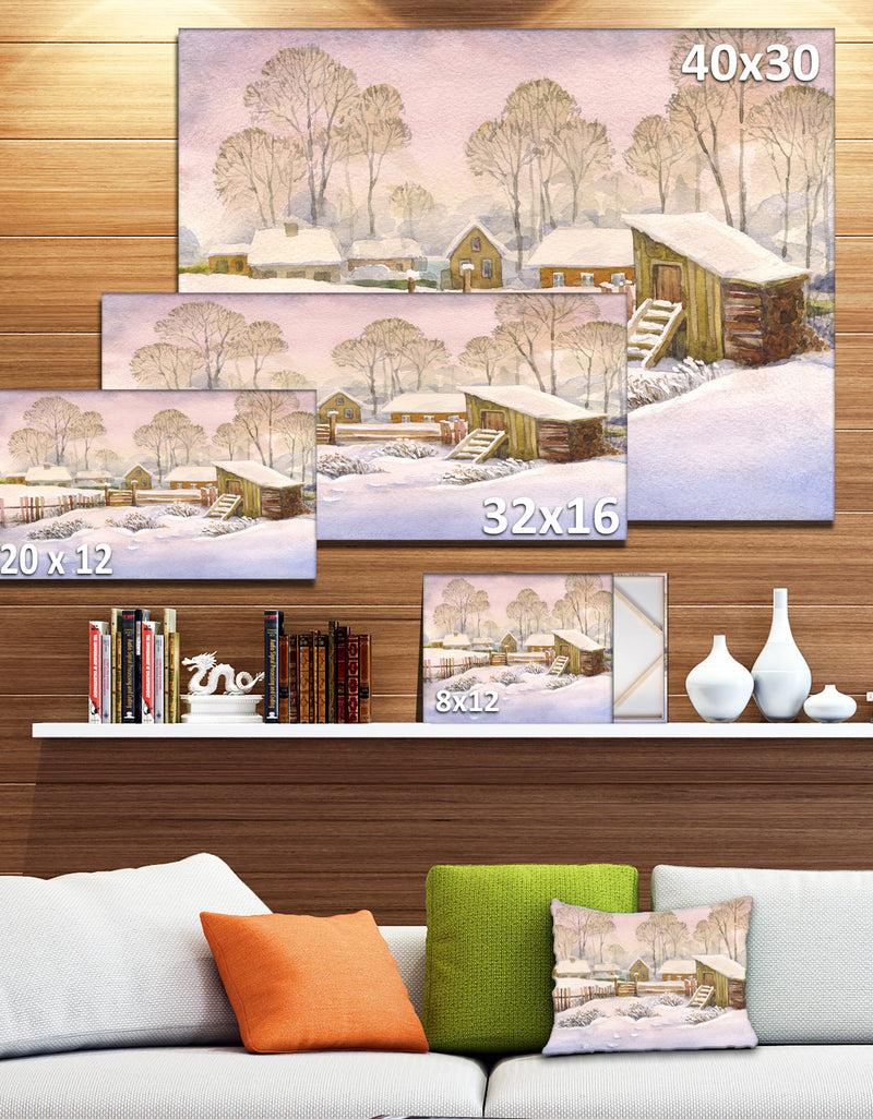 DesignQ Old Winter Village - Landscape Watercolor Canvas Art Print