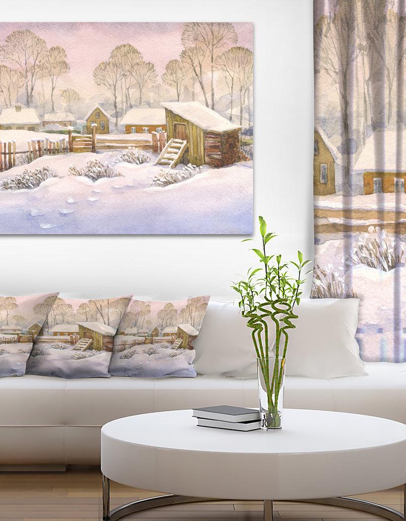 DesignQ Old Winter Village - Landscape Watercolor Canvas Art Print