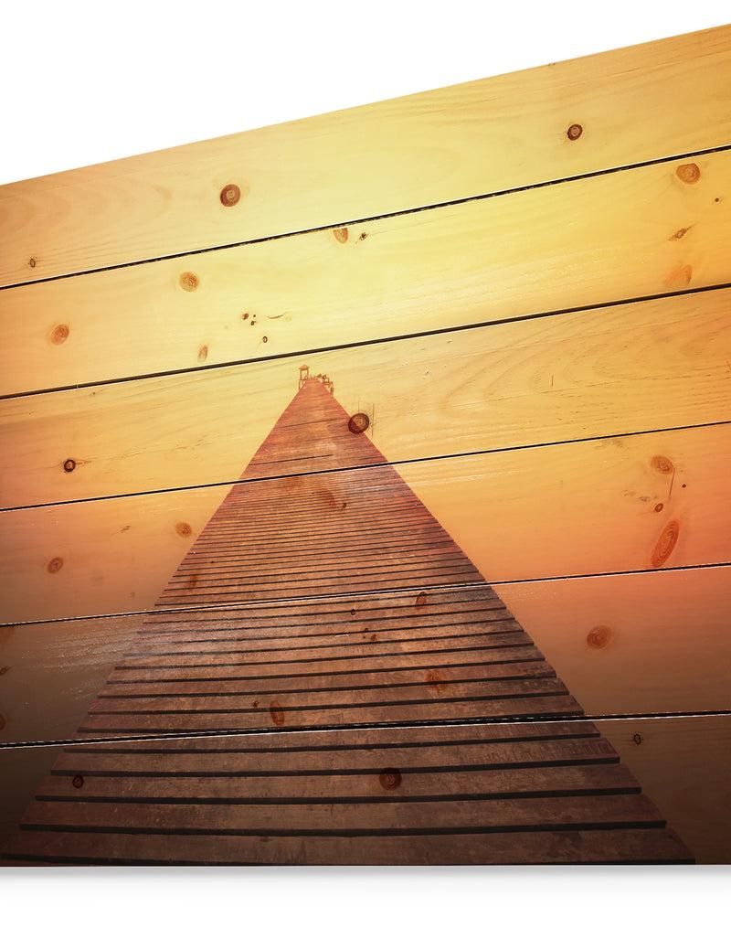 DesignQ Old Wooden Bridge Into Infinity Sea - Pier Seascape Print On Natural Pine Wood