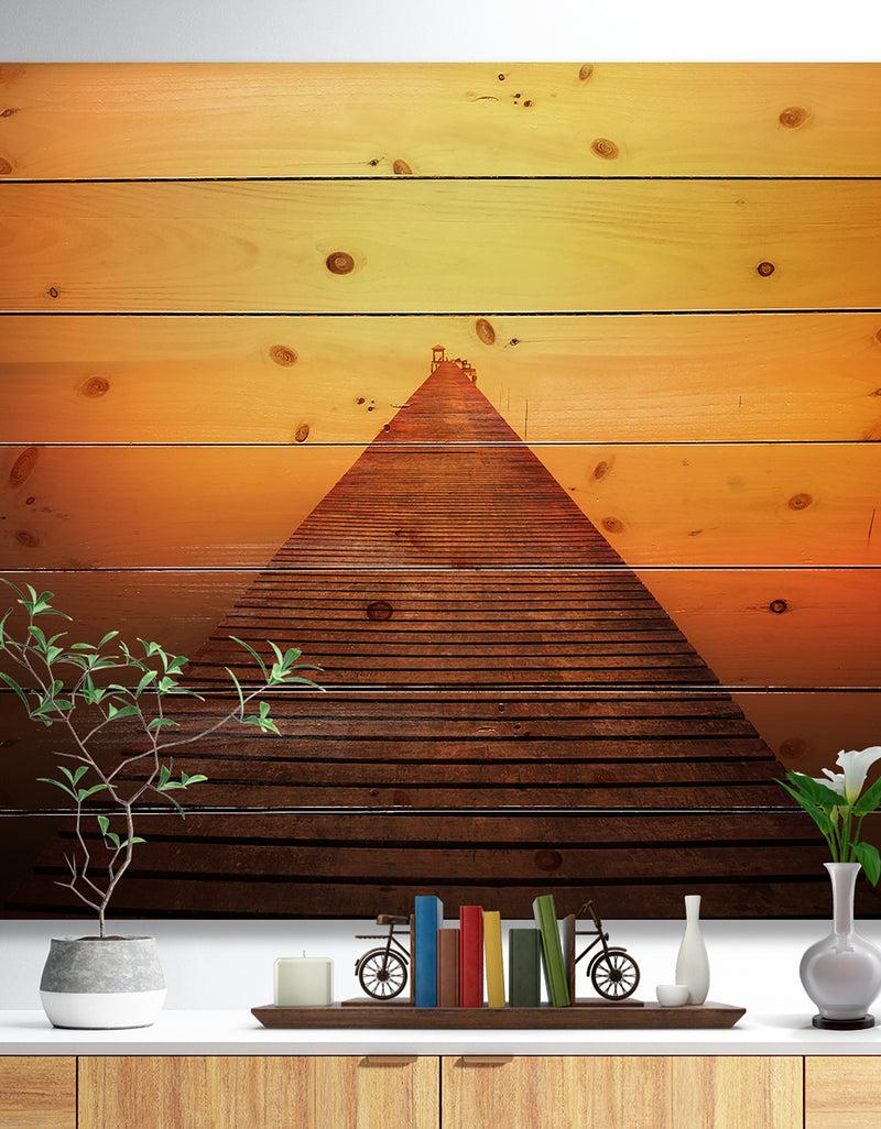 DesignQ Old Wooden Bridge into Infinity Sea - Pier Seascape Print on Natural Pine Wood