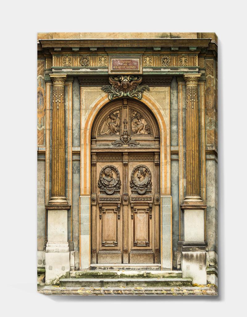 DesignQ Old Wooden Door With Carvings In Paris France - Vintage Canvas Art