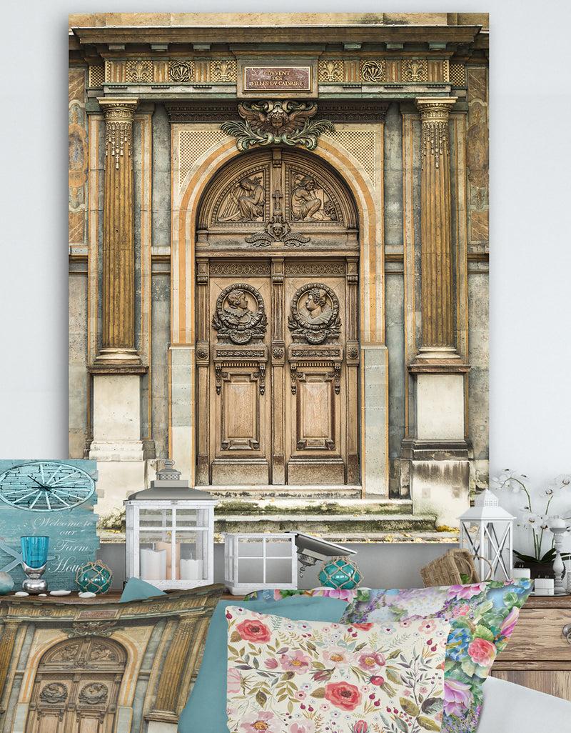 DesignQ Old Wooden Door With Carvings in Paris France - Vintage Canvas Art