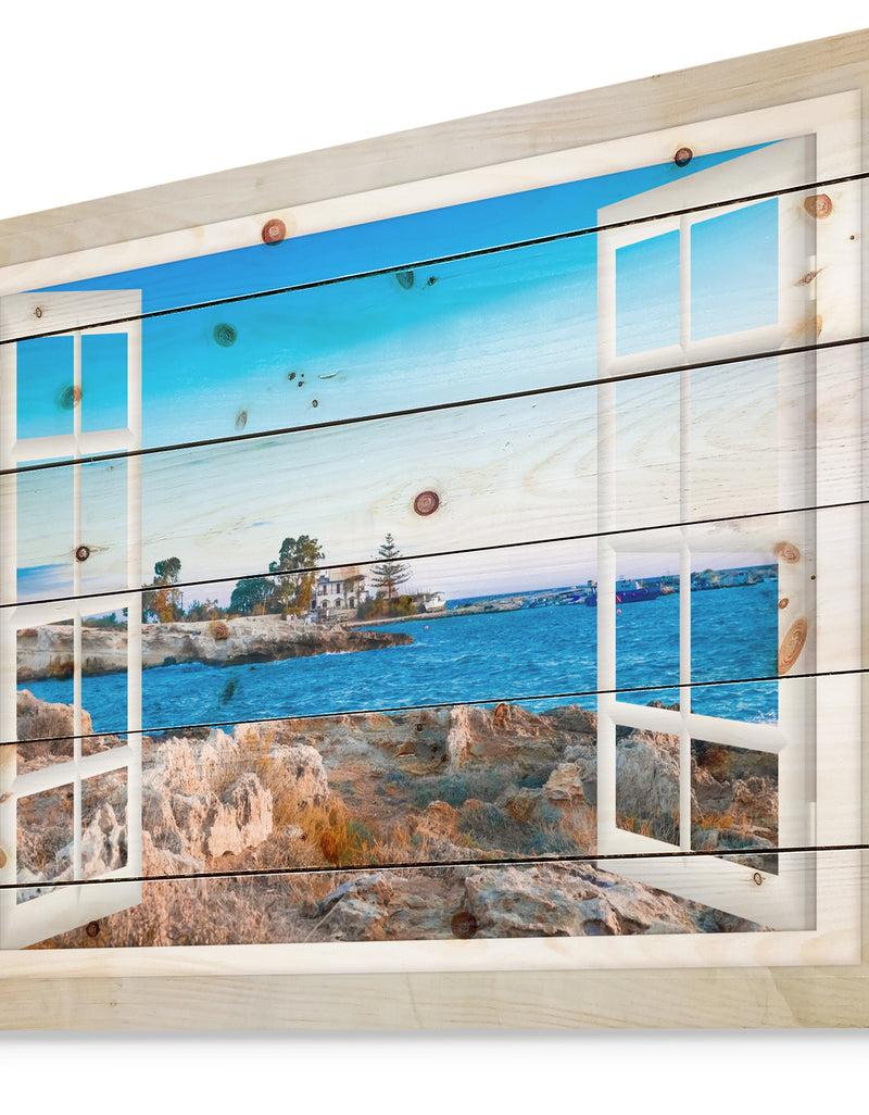 DesignQ Open Window To Blue Seashore - Landscape Print On Natural Pine Wood