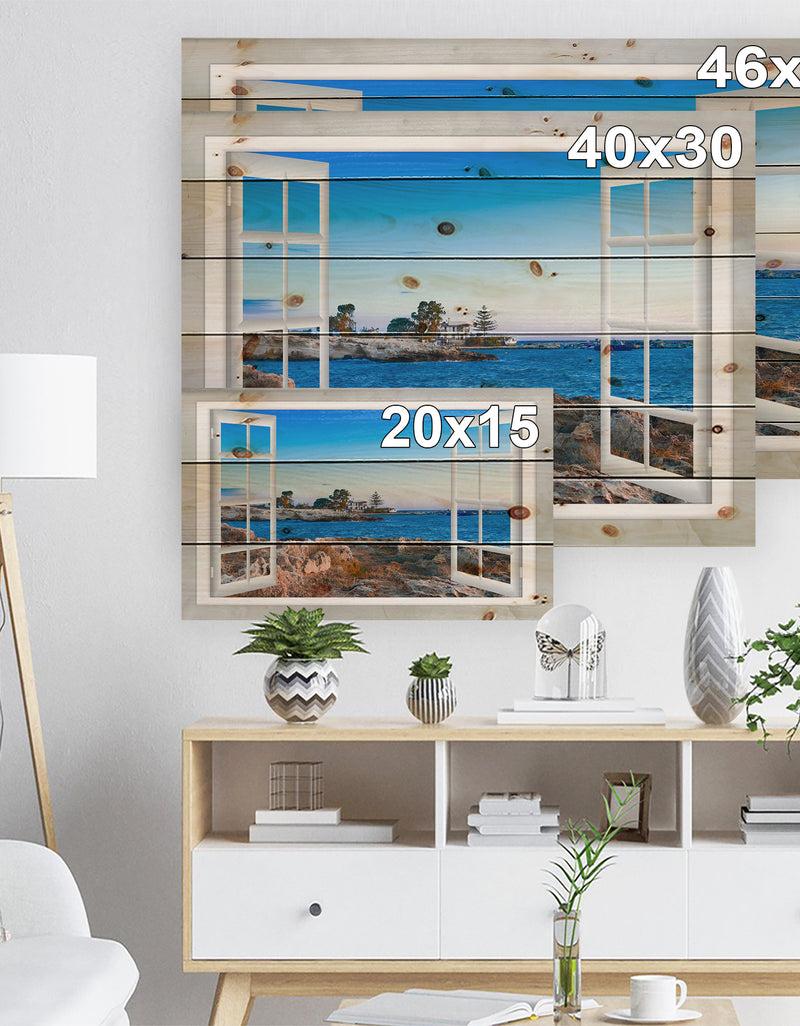 DesignQ Open Window To Blue Seashore - Landscape Print On Natural Pine Wood
