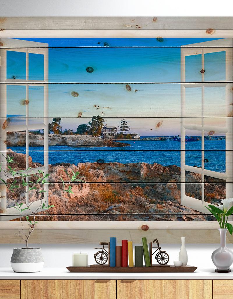 DesignQ Open Window to Blue Seashore - Landscape Print on Natural Pine Wood