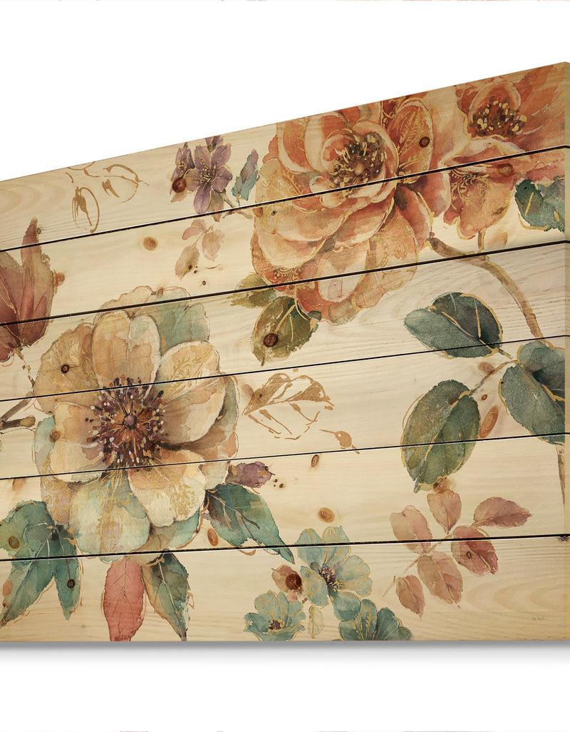 DesignQ Orange And Cream Cottage Flowers Twig - Traditional Print On Natural Pine Wood
