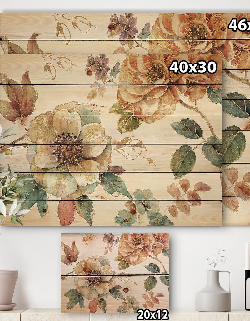 DesignQ Orange And Cream Cottage Flowers Twig - Traditional Print On Natural Pine Wood