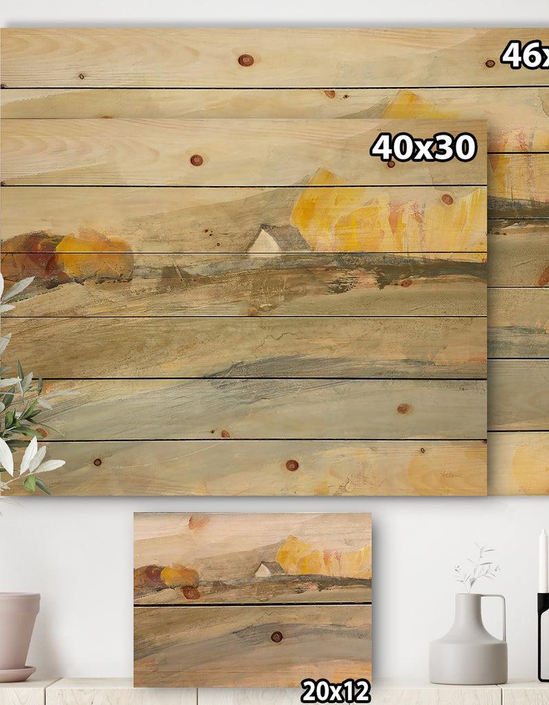 DesignQ Orange Brown Farm House - Modern Farmhouse Print On Natural Pine Wood