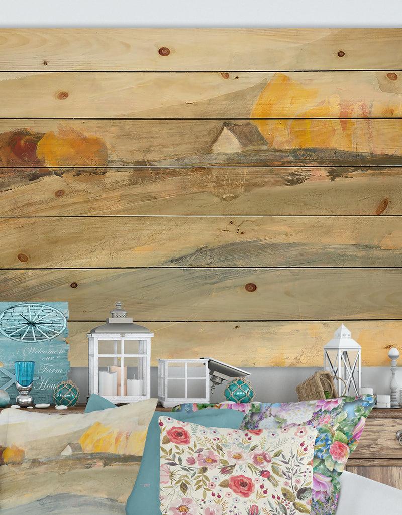 DesignQ Orange Brown Farm House - Modern Farmhouse Print on Natural Pine Wood