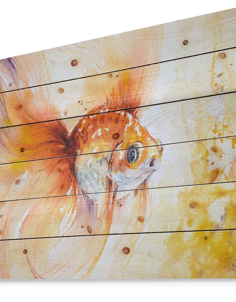DesignQ Orange Glodfish In Water - Animals Painting Print On Natural Pine Wood