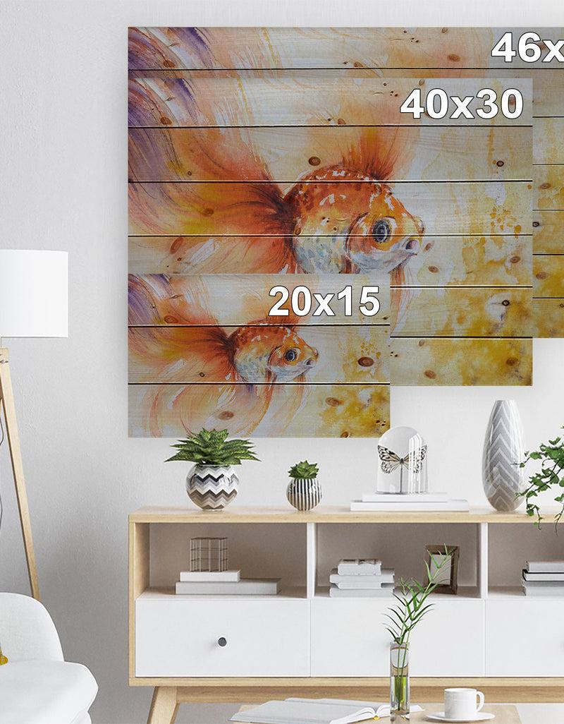 DesignQ Orange Glodfish In Water - Animals Painting Print On Natural Pine Wood