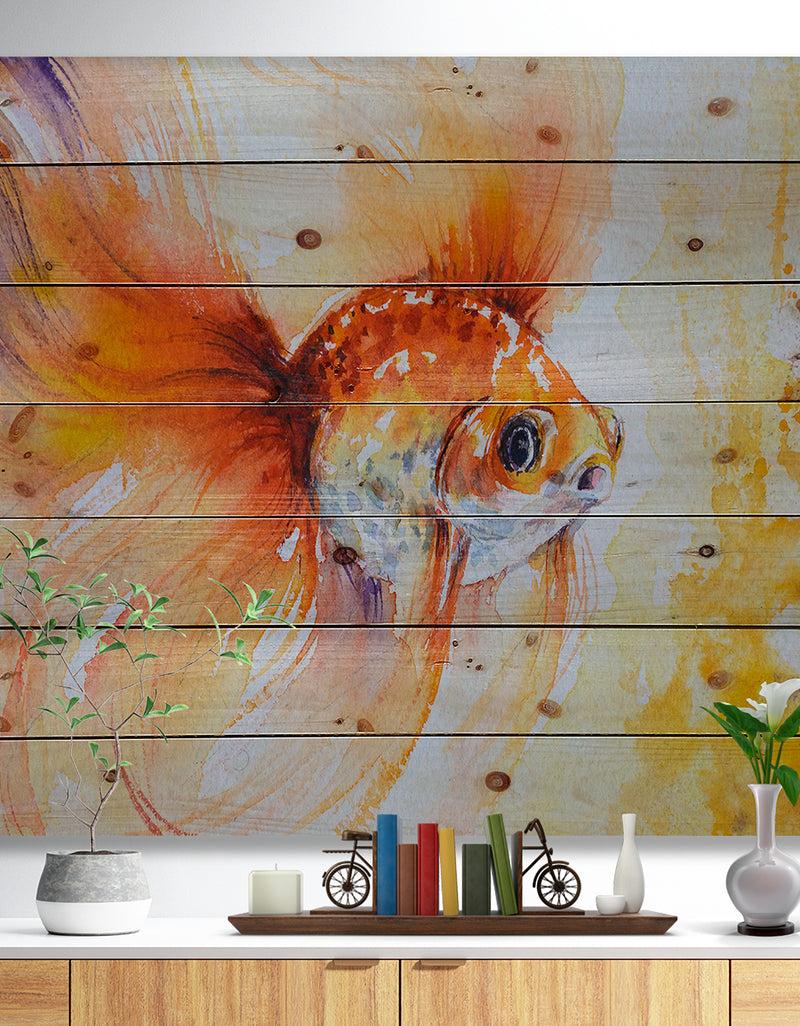 DesignQ Orange Glodfish in water - Animals Painting Print on Natural Pine Wood