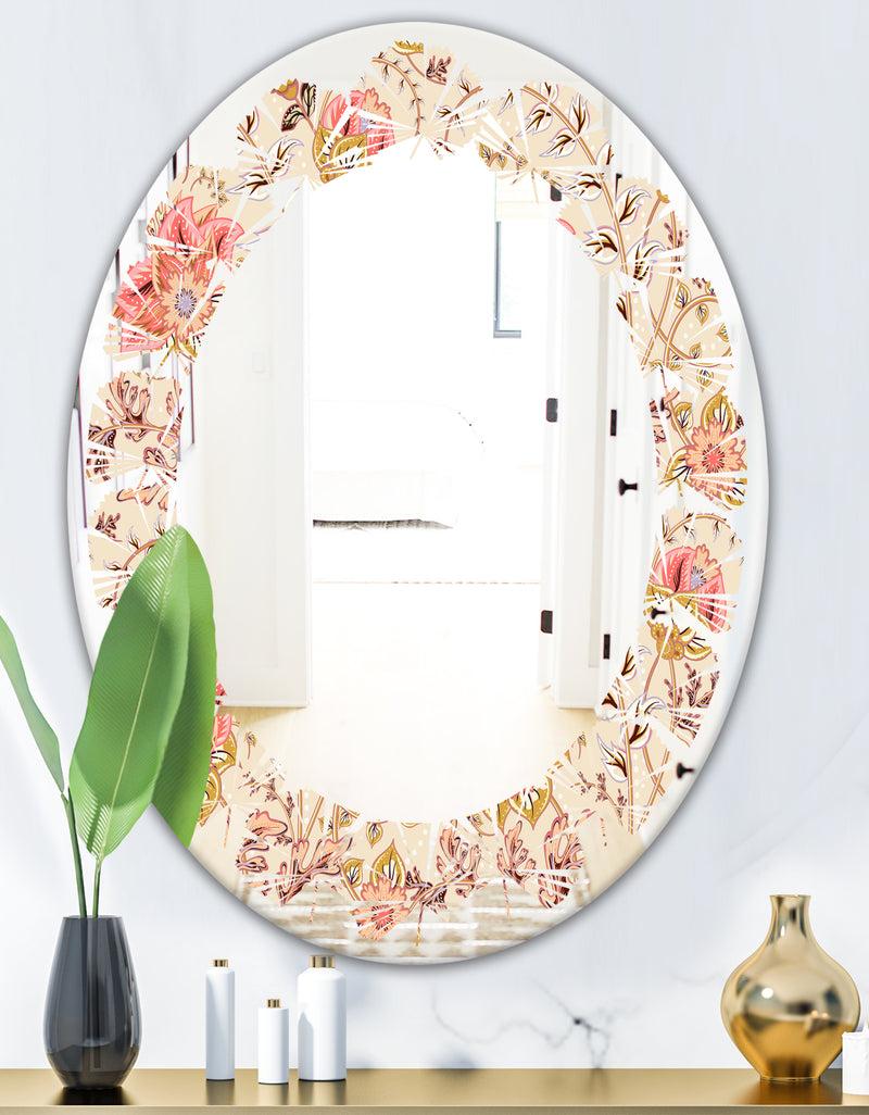 DesignQ Oriental Floral Paisley - Modern Round Or Oval Wall Mirror - Leaves