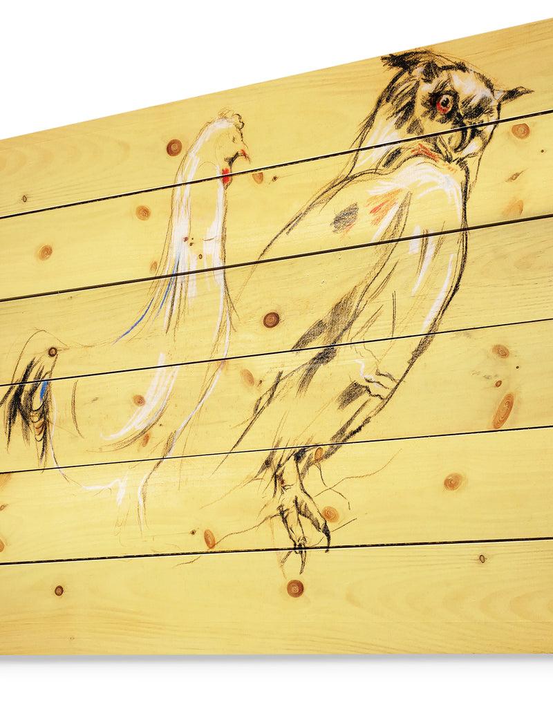 DesignQ Owl And Rooster Painting - Animals Sketch Painting Print On Natural Pine Wood