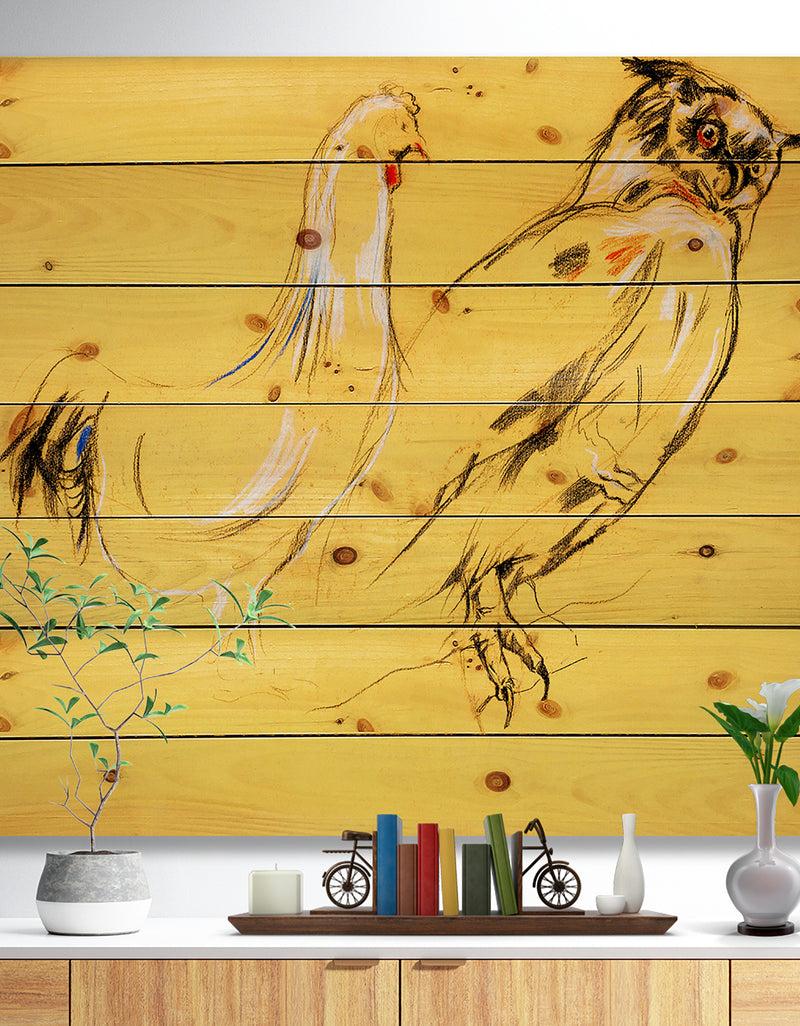 DesignQ Owl and rooster painting - Animals Sketch Painting Print on Natural Pine Wood