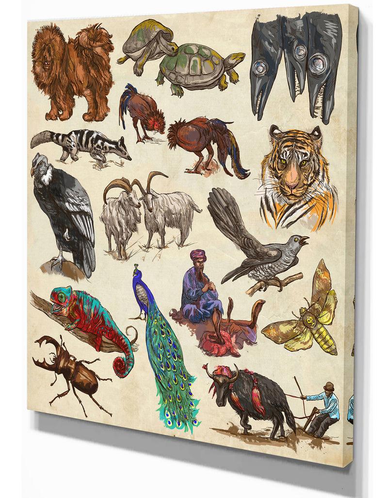 DesignQ Pack Of Animals Illustration - Sketch Of Africa Animals Of Painting Print On Wrapped Canvas