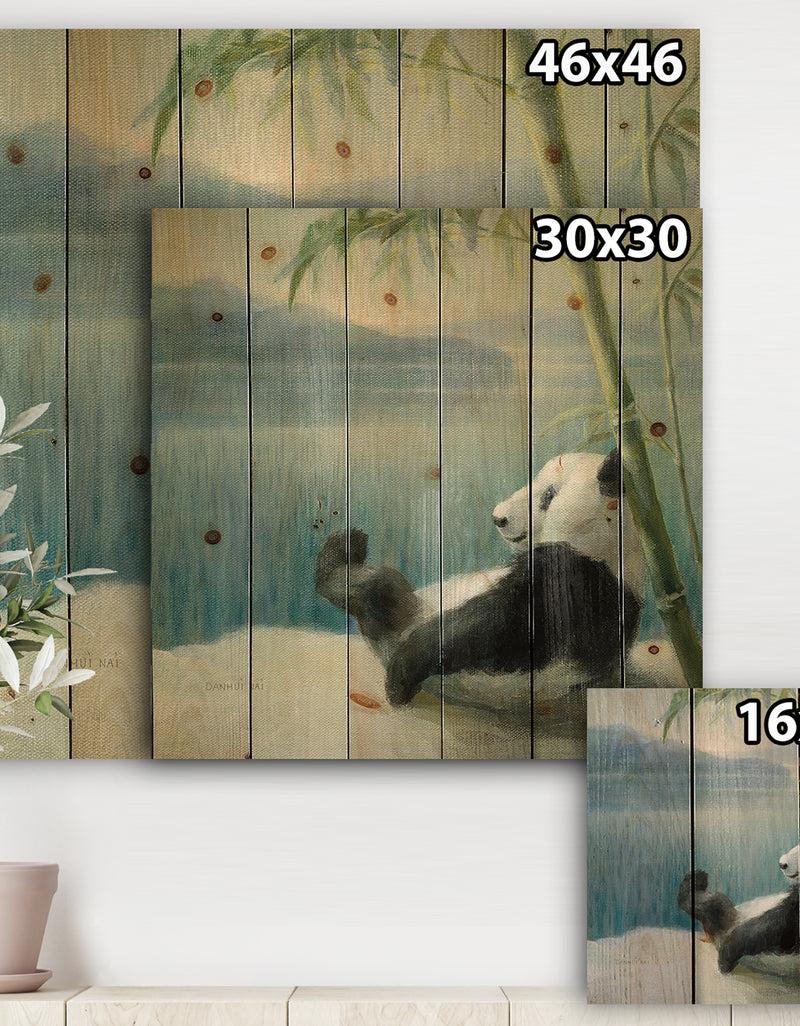 DesignQ Panda After A Long Day - Traditional Print On Natural Pine Wood