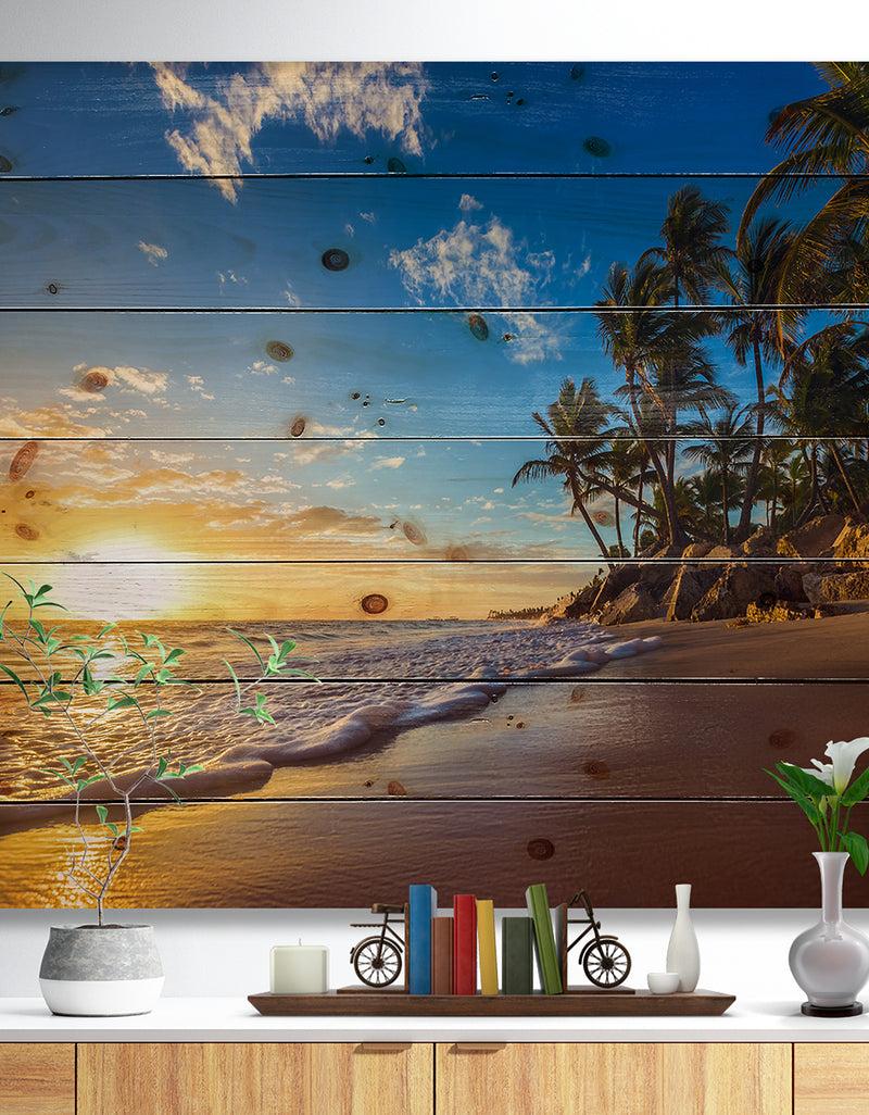 DesignQ Paradise Tropical Island Beach Sunrise - Seashore Print on Natural Pine Wood