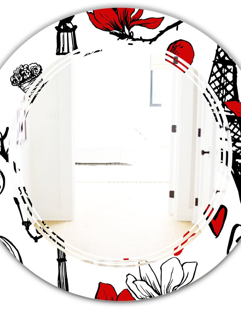 DesignQ Paris Eiffel Red Hearts I - Modern Round Or Oval Wall Mirror - Triple C