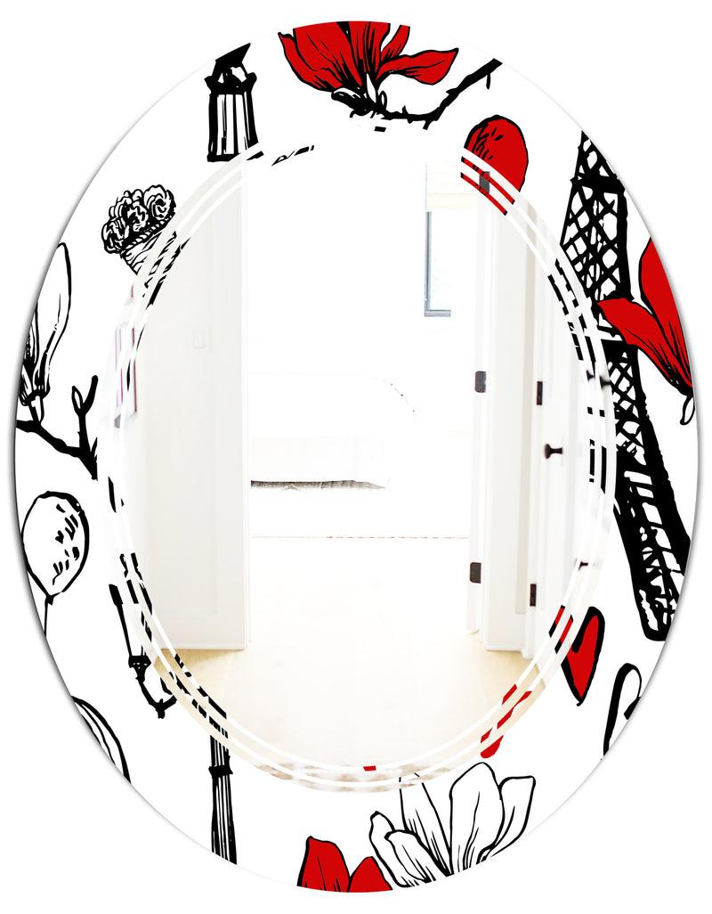 DesignQ Paris Eiffel Red Hearts I - Modern Round Or Oval Wall Mirror - Triple C