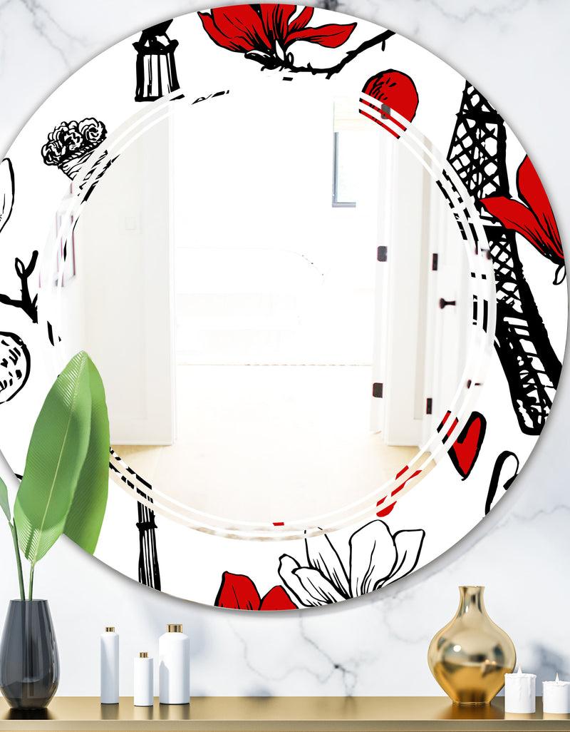DesignQ Paris Eiffel Red Hearts I - Modern Round or Oval Wall Mirror - Triple C