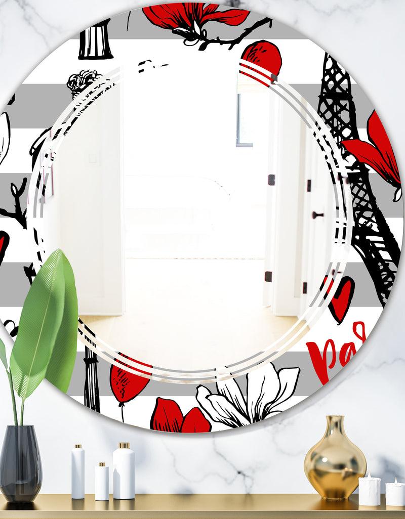 DesignQ Paris Eiffel Red Hearts II - Cottage Round or Oval Wall Mirror - Triple C