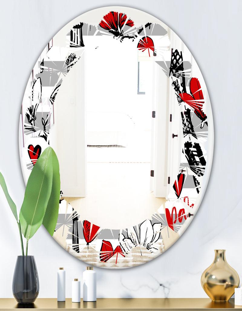DesignQ Paris Eiffel Red Hearts II - Cottage Round Or Oval Wall Mirror - Leaves