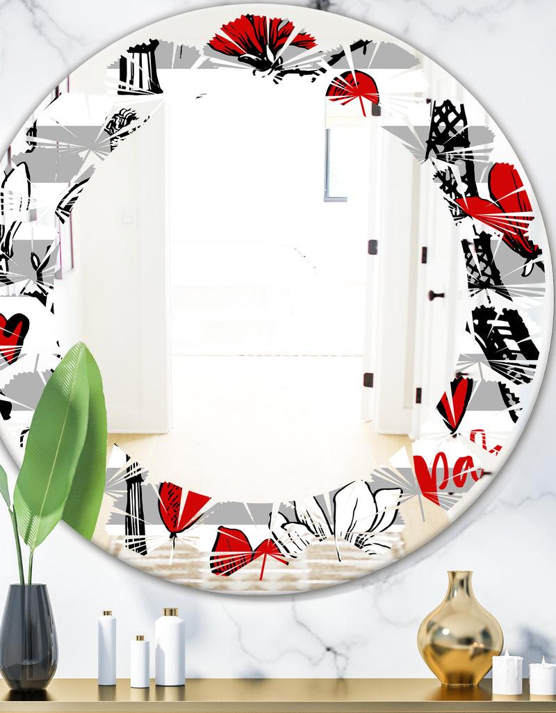 DesignQ Paris Eiffel Red Hearts II - Cottage Round or Oval Wall Mirror - Leaves