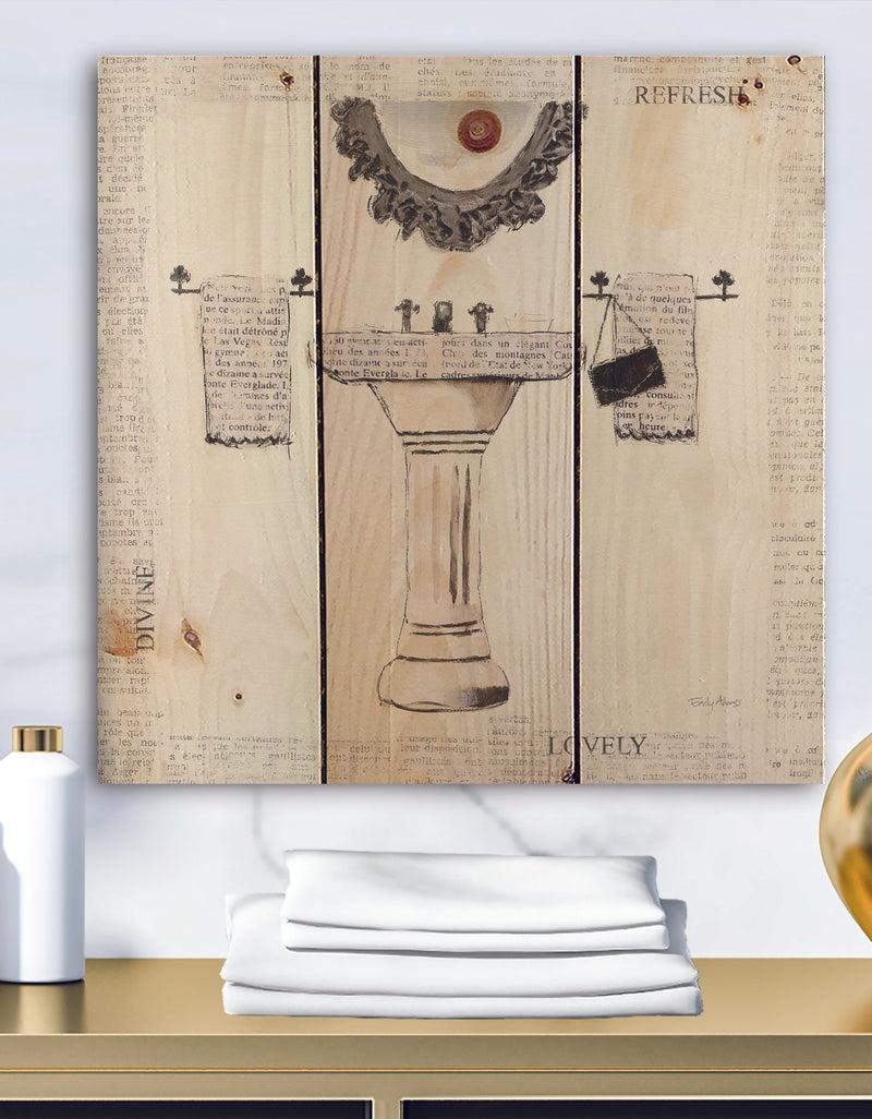 DesignQ Paris Hotel Bathroom V - Traditional Bathroom Print on Natural Pine Wood