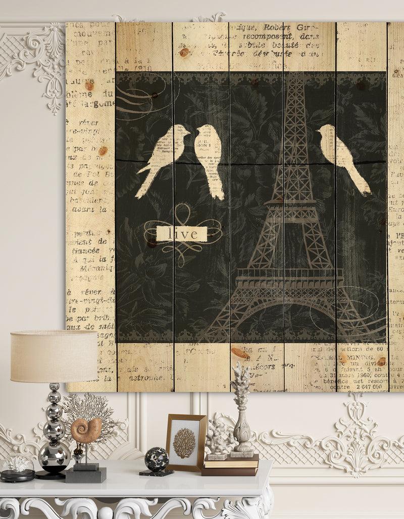 DesignQ Paris Vintage Collage II - French Country Print on Natural Pine Wood