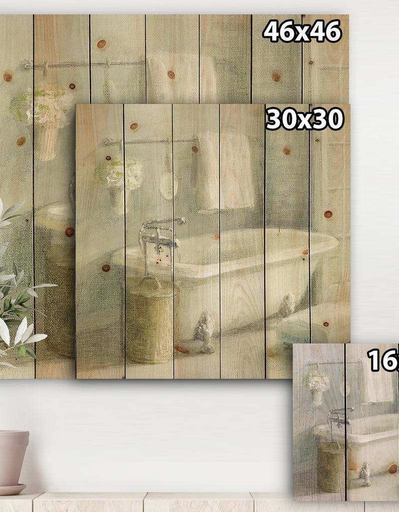 DesignQ Pastel Bath I - Bathroom Print On Natural Pine Wood
