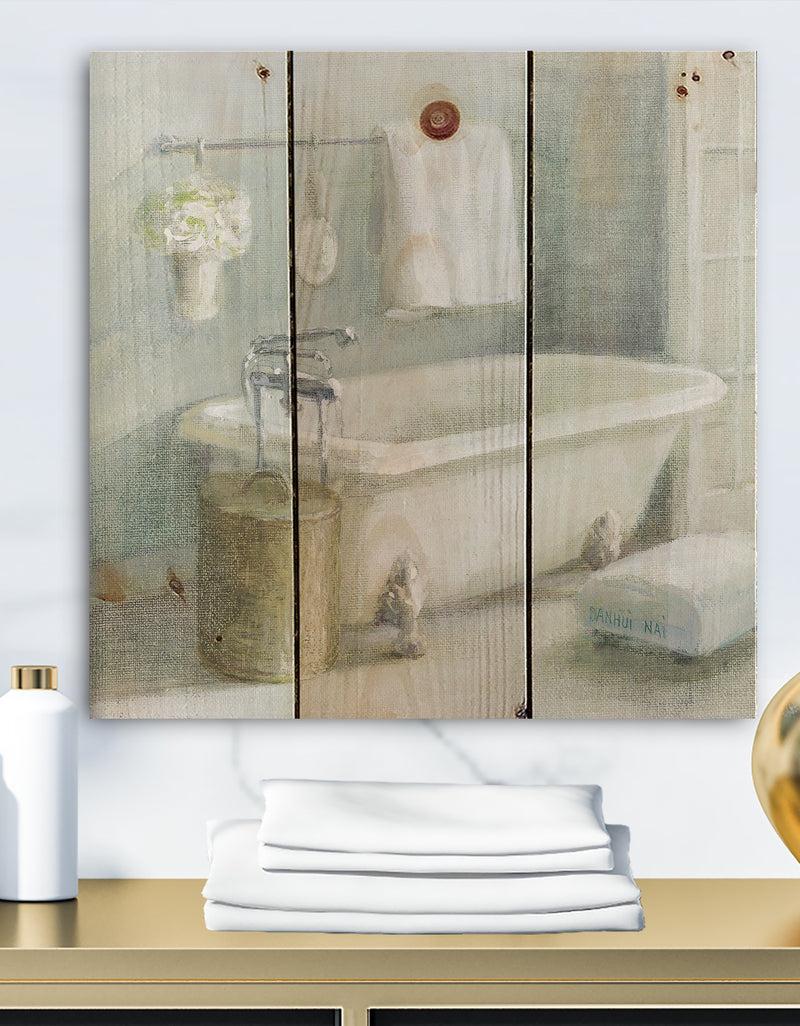 DesignQ Pastel Bath I - Bathroom Print on Natural Pine Wood