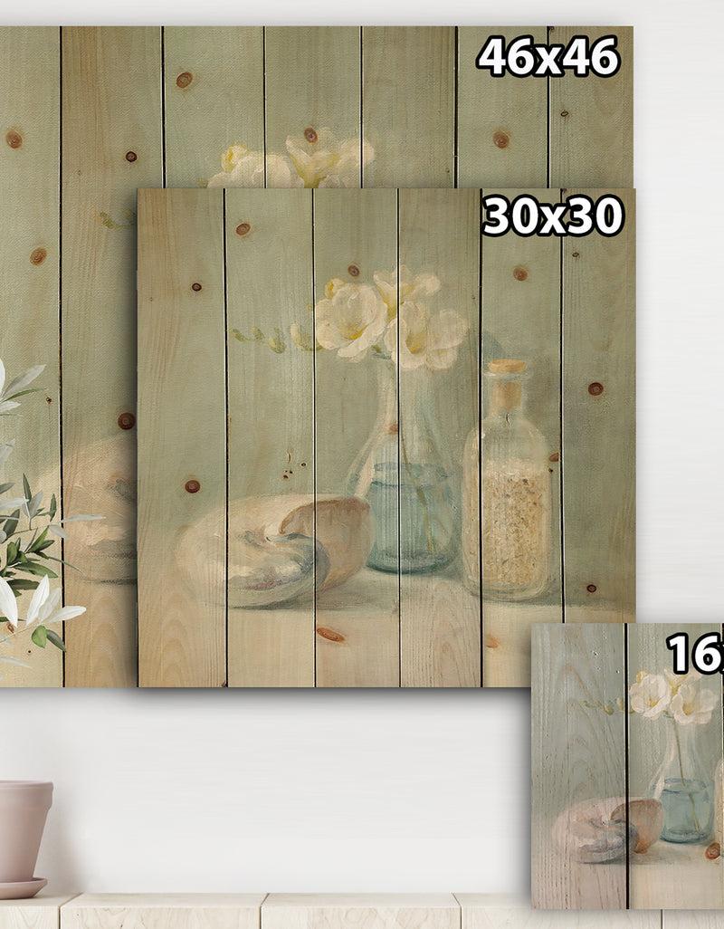 DesignQ Pastel Bath II - Nautical & Beach Print On Natural Pine Wood