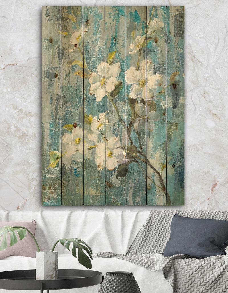 DesignQ Pastel Magnolia II - Floral & Botanical Print on Natural Pine Wood
