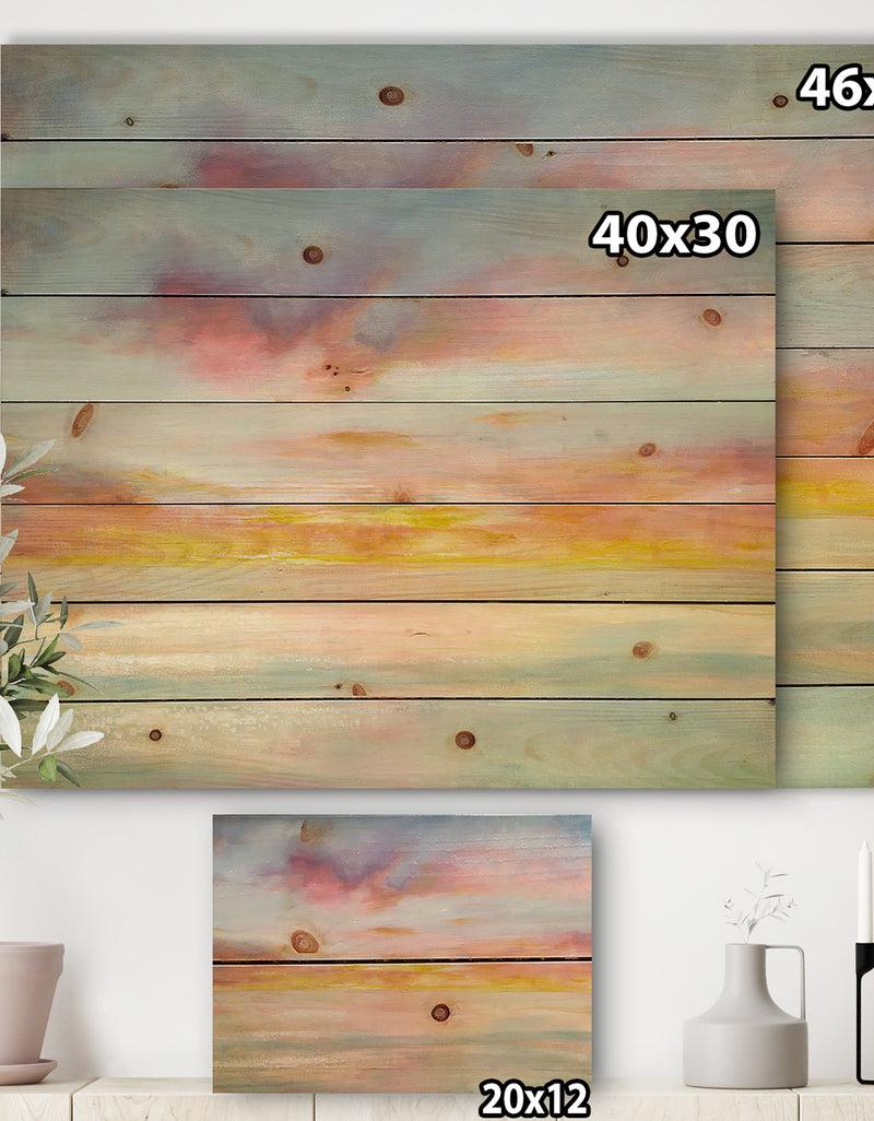 DesignQ Pastel Pink And Blue Clouds - Traditional Print On Natural Pine Wood