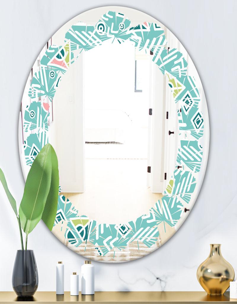DesignQ Pastel Tribal Retro Pattern - Modern Round Or Oval Wall Mirror - Leaves