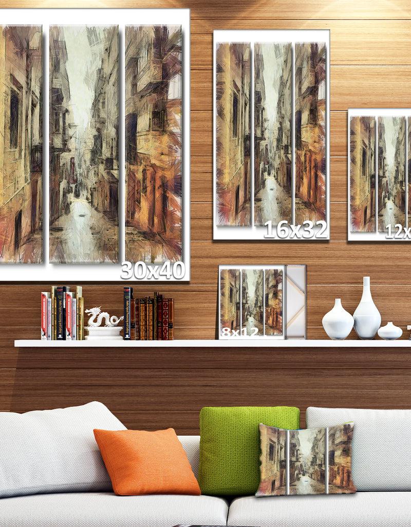 DesignQ Path In Street Watercolor Stretch - Large Cityscape Artwork On Canvas
