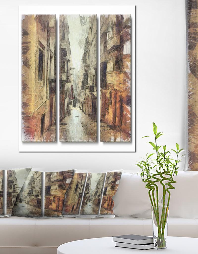 DesignQ Path in Street Watercolor Stretch - Large Cityscape Artwork on Canvas