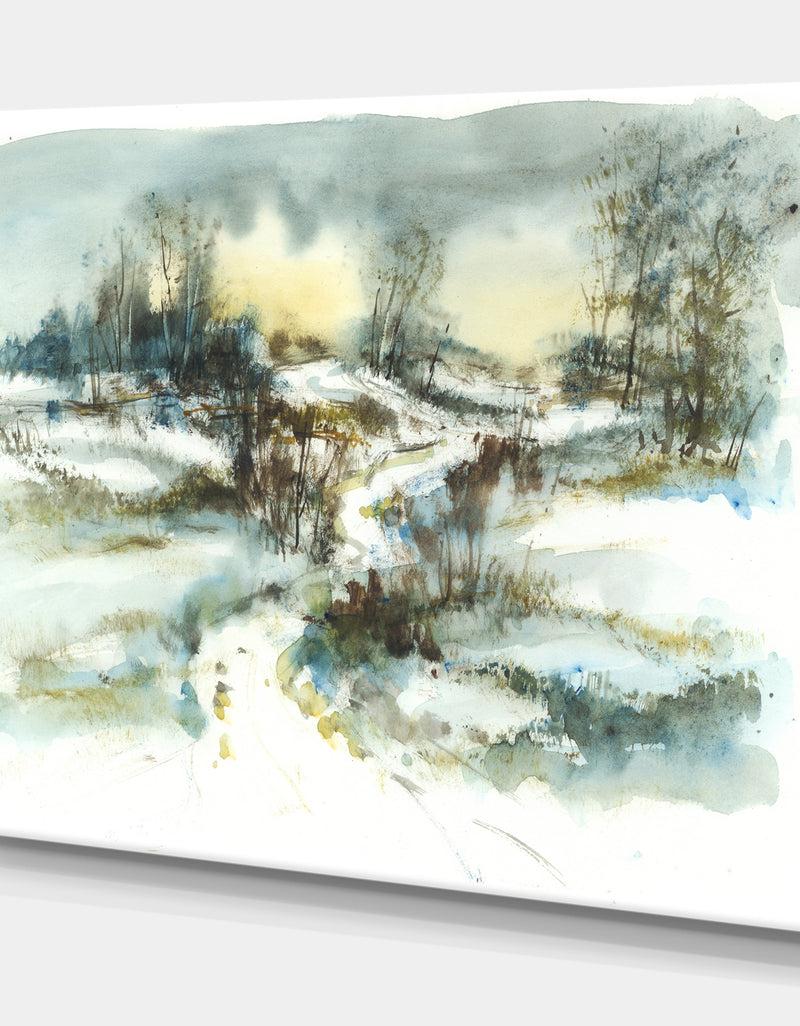 DesignQ Path With Winter Pond Illustration - Landscapes Painting Print On Wrapped Canvas