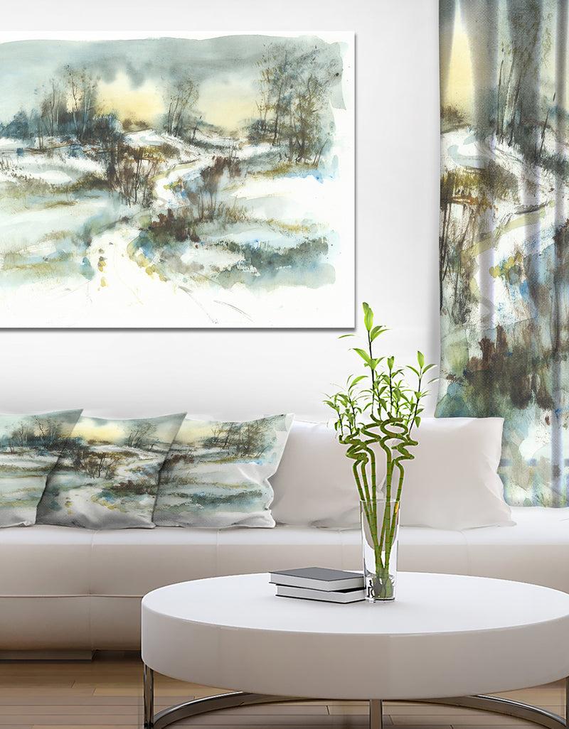 DesignQ Path with Winter Pond illustration - Landscapes Painting Print on Wrapped Canvas
