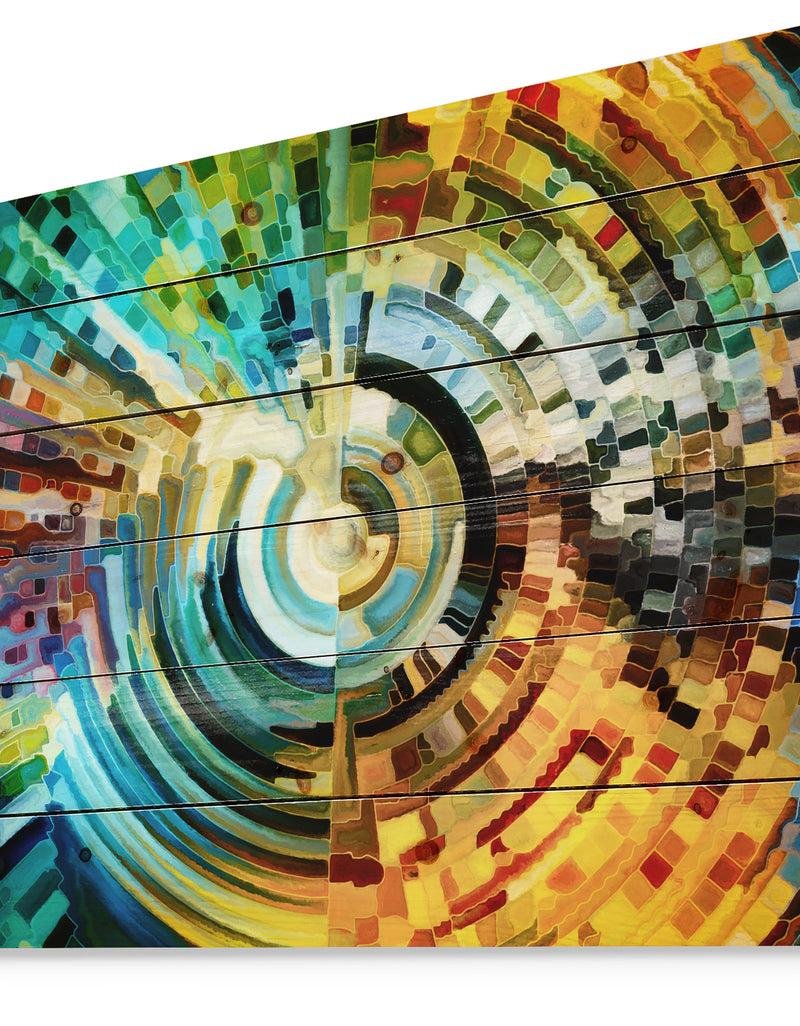 DesignQ Paths Of Stained Glass - Abstract Print On Natural Pine Wood