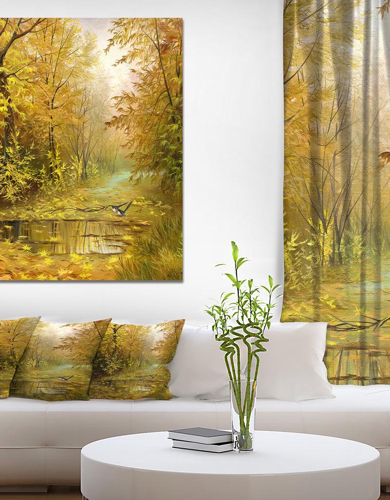 DesignQ Pathway in Beautiful Autumn Forest - Landscapes Painting Print on Wrapped Canvas