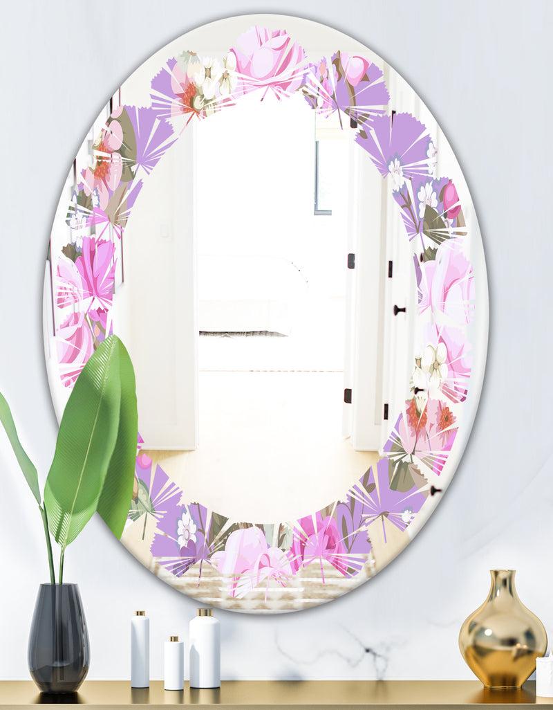 DesignQ Pattern With Country Roses - Modern Round Or Oval Wall Mirror - Leaves