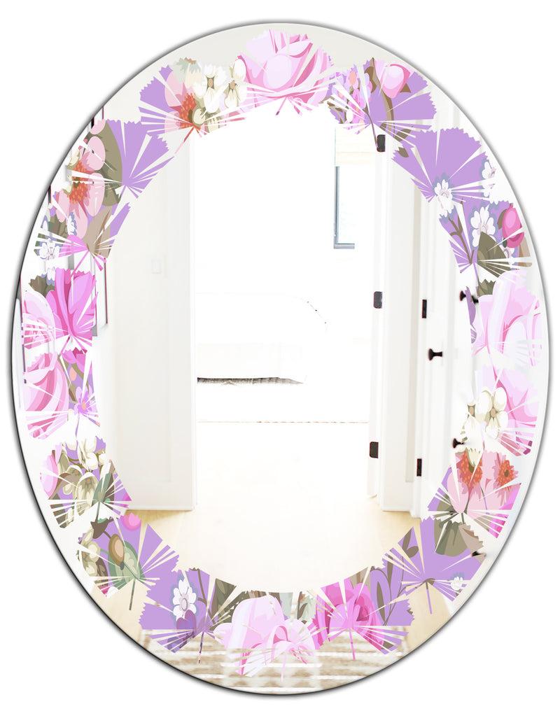 DesignQ Pattern With Country Roses - Modern Round Or Oval Wall Mirror - Leaves