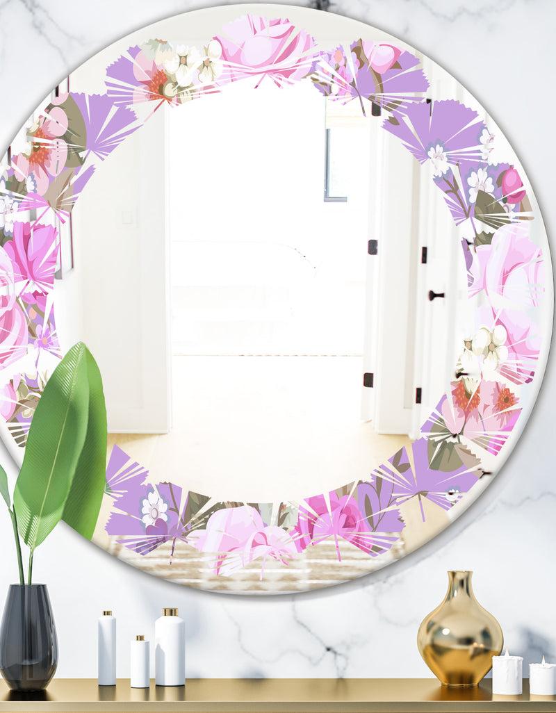 DesignQ pattern with country roses - Modern Round or Oval Wall Mirror - Leaves